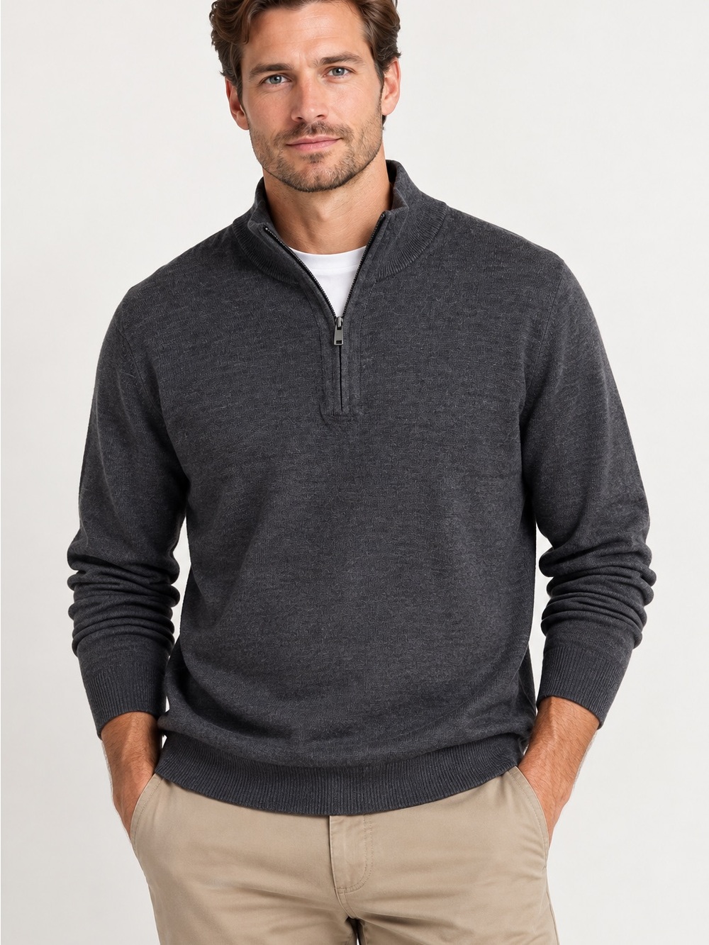 Banana Republic Mens L Merino Wool Quarter Zip Sweater Gray Quiet Luxury Classic